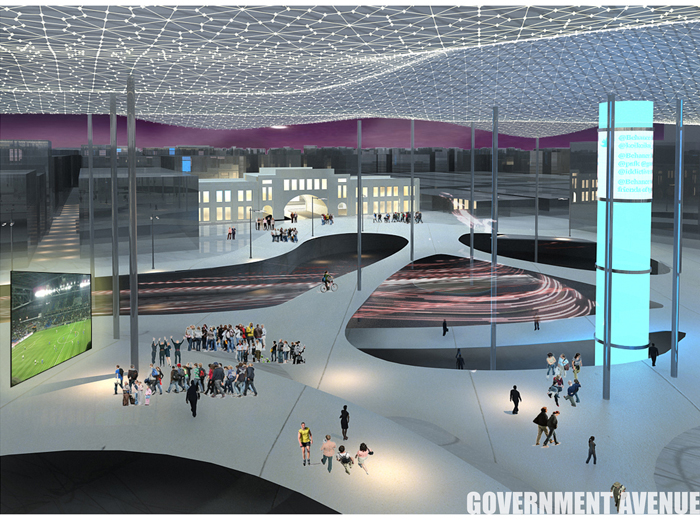 <div style=color:#000>Location:Al-Bahrain
              &nbspYear:2012</div>
	The proposal aims to activate the square as a vibrant city center, symbolizing Bahrain’s history, heritage and modernity collectively, and to allow it to act as an integral part of everyday urban life. This unique sense of place is achieved by attracting the public of all ages, improving communication and social exchange amongst the users, and by creating a flexible multi-use space able to host numerous cultural and social activities and events. It will be a space that is responsive to its changing setting, manipulating the way in which it is perceived and interacted with. 
Bahrain’s political protesting (post-lulu square demolition) remains largely nomadic and changeable, moving and mutating quickly, heavily dependent on real-time information transfer. Social networking and smart phone real-time information transfer also endorsed the Arab spring and provided an answer to the complex situation of continuous fluctuations. 
 At the center of our proposition was the interest in spaces which make invisible processes visible. We’ve established a logistical communication network between the square and other locations in Bahrain, through sound input nodes dispersed in major political (protest), cultural and recreational locations, as well as in several seafront locations. Sound inputs (frequency, volume..etc.) are translated into hot air/smoke streams emitting from 11 giant pillars in the square, inducing the movement of a thin fabric hanging canopy by utilizing air buoyancy and pressure.  Projections of social media feeds, real-time streaming coverage of events are displayed on the pillars accentuating a parallel atmosphere in the square. As events and happenings develop, mutate, move, the square responds accordingly in different ways, turning far invisible activities into visible signals, linking remote locations and happenings together and bringing Bahrain into its square.
On the ground floor level, the project proposes a topography of continuously unfolding, undulating surfaces enclosing a sequence of spaces. This ground ‘topography’ not only acts as a network of circulation elements, but also contributes significantly to the character of the space. It provides functional and programmatic possibilities with its sloping surfaces, and creates enclosures for both intimate and larger gatherings. These include day market, vending, art exhibitions and installations, music concerts, carnivals, religious festivals and movie screenings as well as protesting, meeting friends, relaxing, biking and skating.

